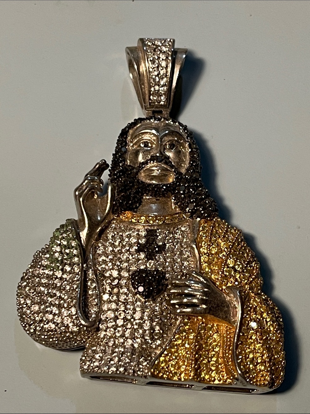 Gold and Silver Jeweled Religious Pendant Necklace with Black and Green Accents